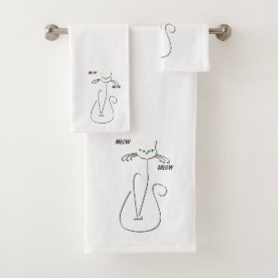 Slinky Black Cat Meow Meow Custom Text Green Eyes Bath Towel Set