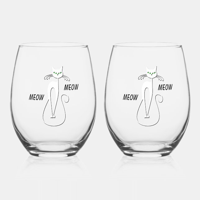 Slinky Black Cat Meow Meow Custom Text Green Eyes Stemless Wine Glass (Front)