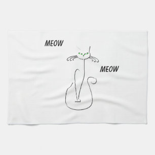 Slinky Black Cat Meow Meow Custom Text Green Eyes Tea Towel