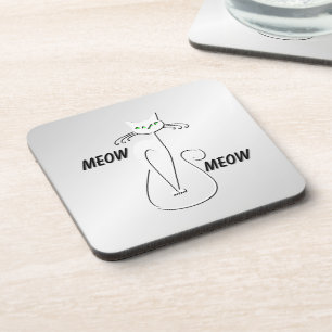 Slinky Black Cat Meow Meow Green Eyes on silver Coaster