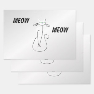 Slinky Black Cat Meow Meow Green Eyes on silver Wrapping Paper Sheet