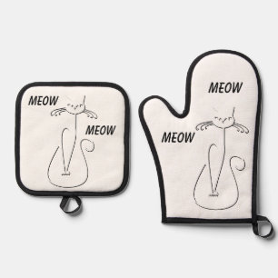 Slinky Black Cat says Meow Meow Custom Oven Mitt & Pot Holder Set