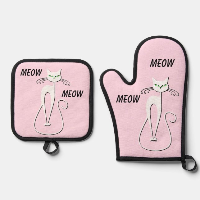Slinky Black Cat says Meow Meow Pink Oven Mitt & Pot Holder Set (Front)