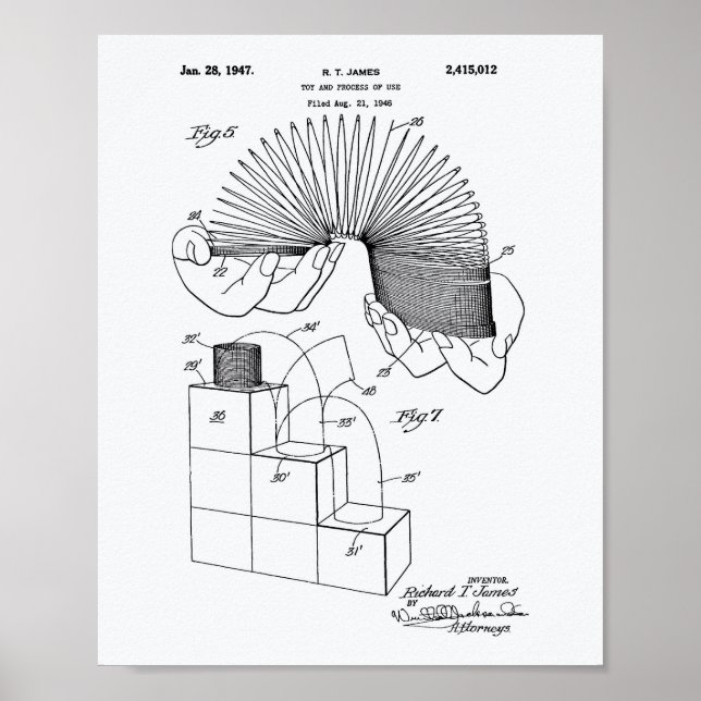Slinky Toy 1946 Patent Art - White Paper Poster (Front)