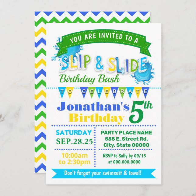 Slip and slide birthday bash blue green party invitation (Front/Back)