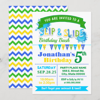 Slip and slide birthday bash blue green party invitation