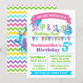 Slip and slide birthday bash pink teal green party invitation