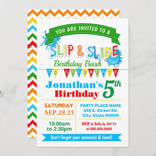 Slip and slide birthday bash primary colours party invitation (Front/Back)