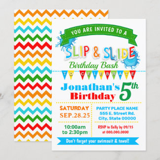 Slip and slide birthday bash primary colours party invitation