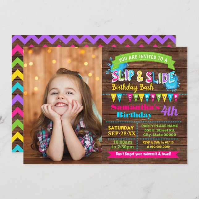 Slip and Slide Hot Pink birthday summer bash photo Invitation (Front/Back)