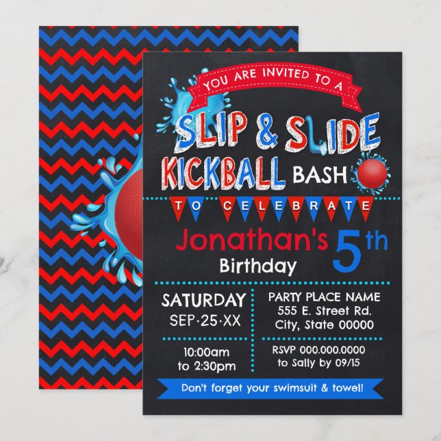 Slip and Slide Kickball Birthday Red White Blue Invitation (Front/Back)