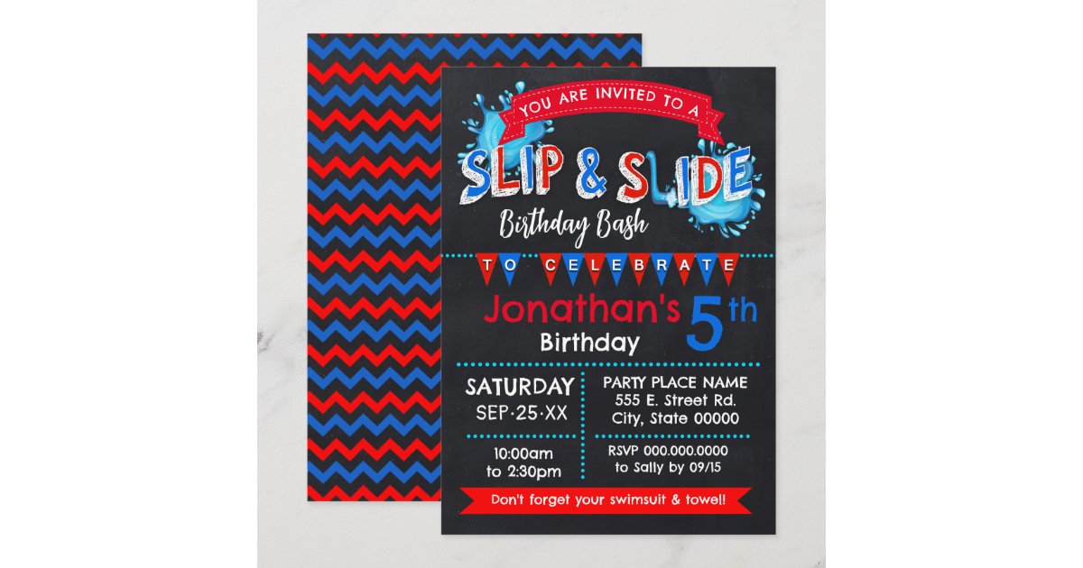 Slip and Slide Summer Birthday Bash Red White Blue Invitation | Zazzle