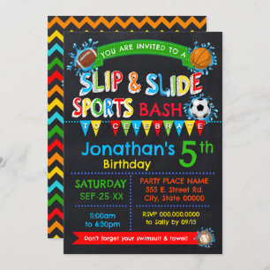 Slip & Slide Sports Birthday Bash Primary Colours Invitation