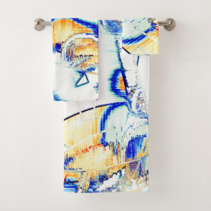 Slipped ink no, image with orange, cyan blue stain bath towel set