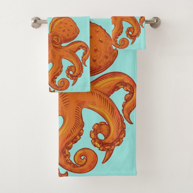 Slippery Sea Creature Ocean Octopus Long Tentacles Bath Towel Set (Insitu)