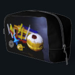 SlipperyJoe Hanukkah symbolic still life holiday e Dopp Kit<br><div class="desc">SlipperyJoe Hanukkah symbolic still life holiday essence vibrant meaningful objects colorful slender pile menorah candles artistic red blue yellow and white sufganiyah doughnut classic jelly-filled commemorate miracle of the oil dreidels metallic gold glossy blue Hebrew great miracle happened there metallic pewter star of David medallion light resilience community themes spiritual...</div>