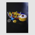 SlipperyJoe Hanukkah symbolic still life holiday e Vellum Invitations<br><div class="desc">SlipperyJoe Hanukkah symbolic still life holiday essence vibrant meaningful objects colorful slender pile menorah candles artistic red blue yellow and white sufganiyah doughnut classic jelly-filled commemorate miracle of the oil dreidels metallic gold glossy blue Hebrew great miracle happened there metallic pewter star of David medallion light resilience community themes spiritual...</div>