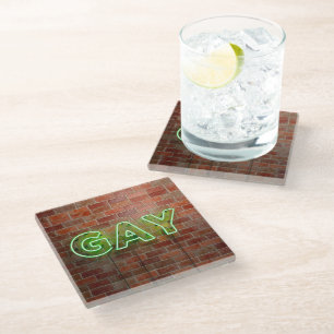 SlipperyJoe illuminated gay neon sign bright vivid Glass Coaster