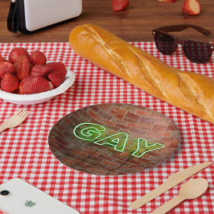 SlipperyJoe illuminated gay neon sign bright vivid Paper Plate