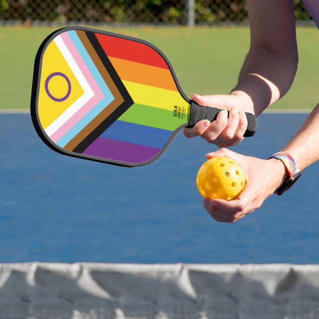 SlipperyJoe Intersex Progress Pride Flag rainbow s Pickleball Paddle (Insitu)
