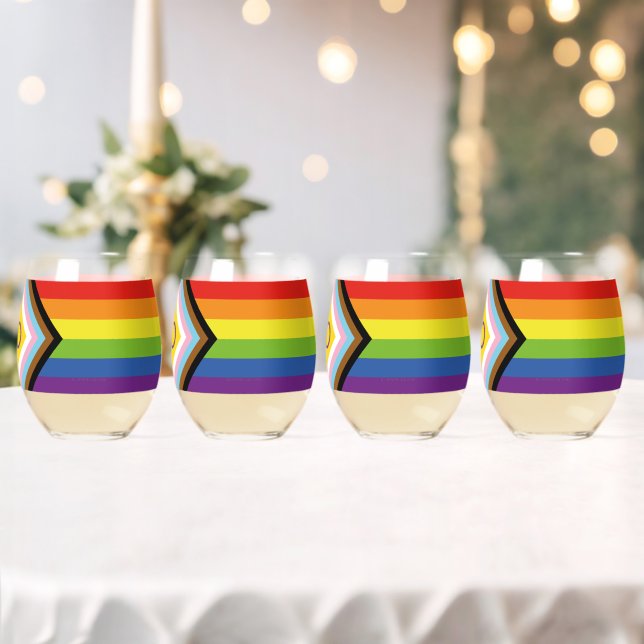 SlipperyJoe Intersex Progress Pride Flag rainbow s Stemless Wine Glass (Insitu (Wedding))