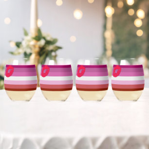 SlipperyJoe lipstick lesbian pride flag feminine c Stemless Wine Glass