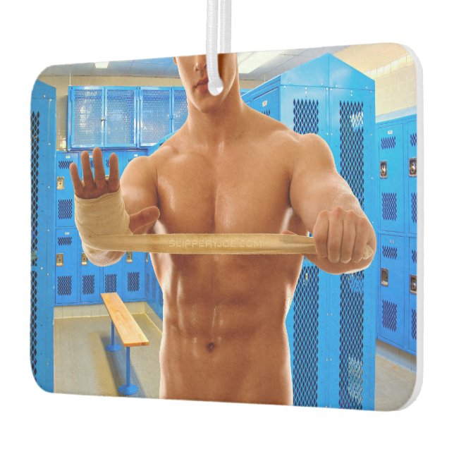 SlipperyJoe muscular man abs locker room tiled flo Car Air Freshener (Left)