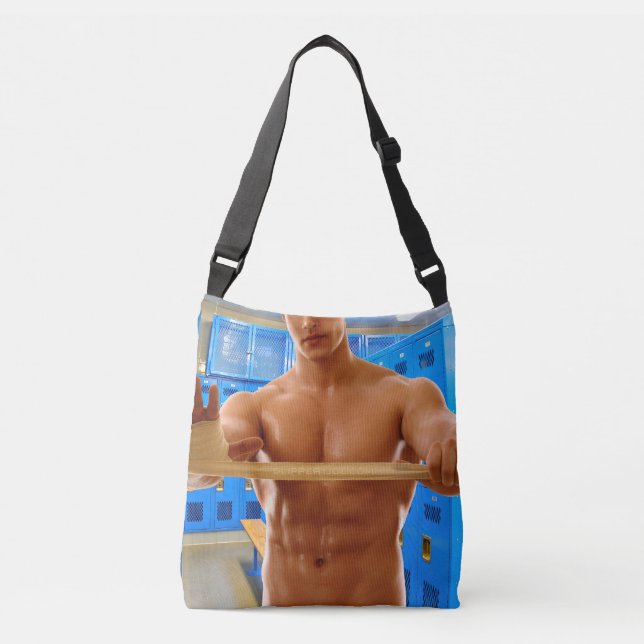 SlipperyJoe muscular man abs locker room tiled flo Crossbody Bag (Front)