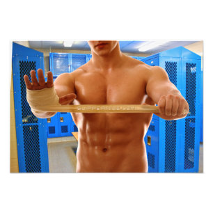 SlipperyJoe muscular man abs locker room tiled flo Photo Print