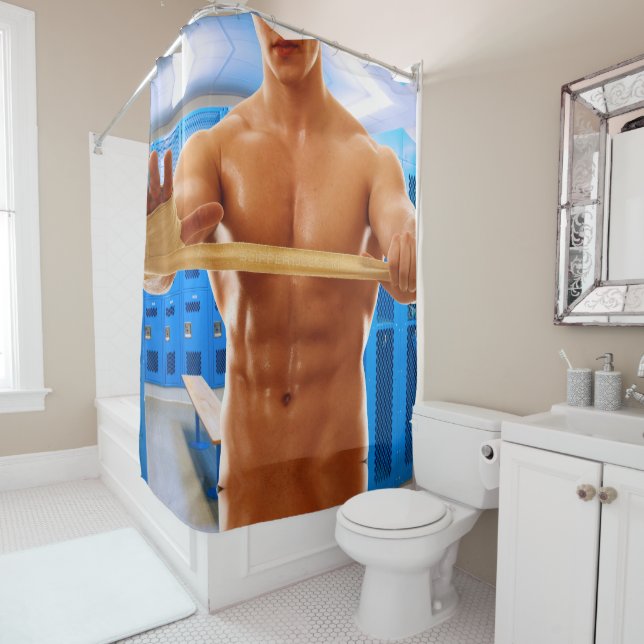 SlipperyJoe muscular man abs locker room tiled flo Shower Curtain (In Situ)
