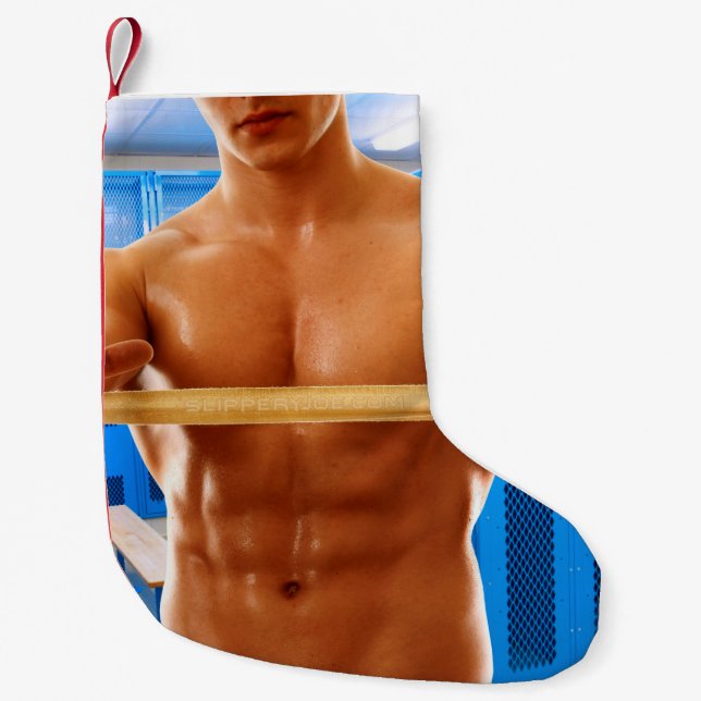 SlipperyJoe muscular man abs locker room tiled flo Small Christmas Stocking (Front)
