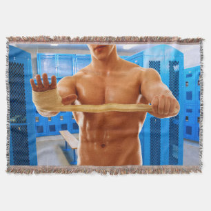 SlipperyJoe muscular man abs locker room tiled flo Throw Blanket