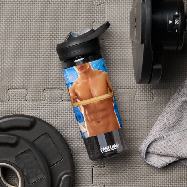 SlipperyJoe muscular man abs locker room tiled flo Water Bottle (Gym)