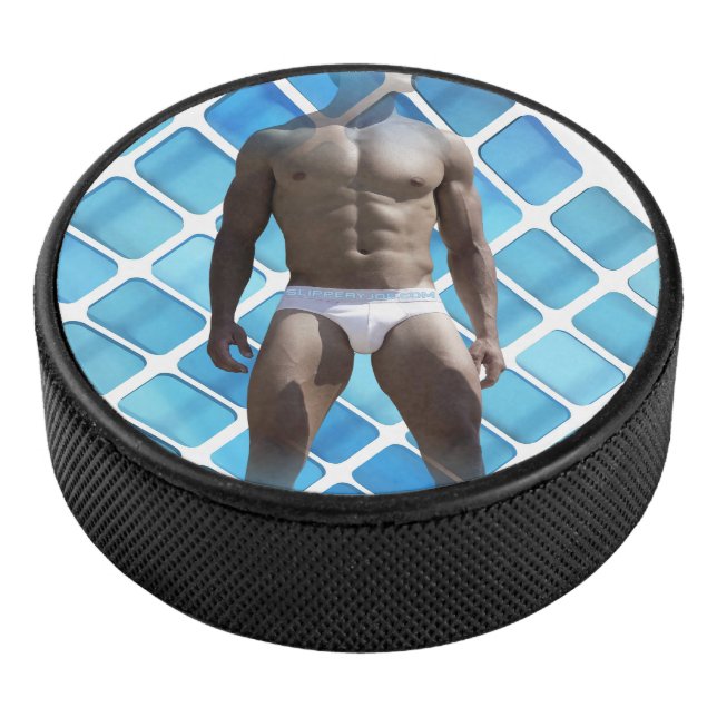 SlipperyJoe muscular man six-pack abs male white u Hockey Puck (3/4)