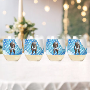 SlipperyJoe muscular man six-pack abs male white u Stemless Wine Glass