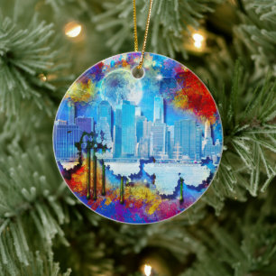 SlipperyJoe NYC graffiti moon surrounded swirling  Ceramic Tree Decoration