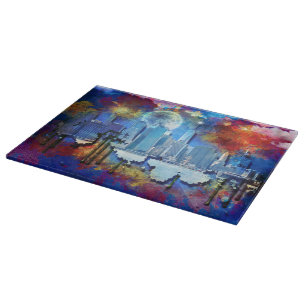 SlipperyJoe NYC graffiti moon surrounded swirling Cutting Board