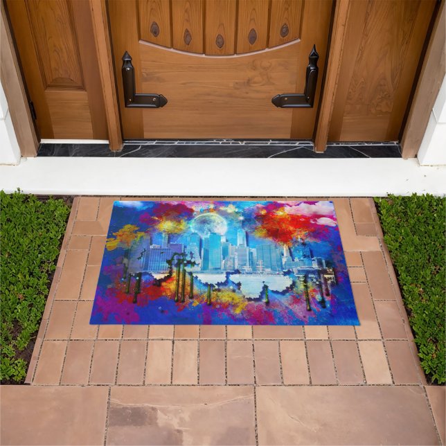 SlipperyJoe NYC graffiti moon surrounded swirling  Doormat (Outdoor)