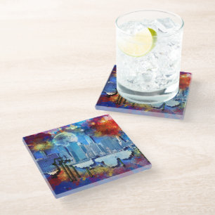 SlipperyJoe NYC graffiti moon surrounded swirling  Glass Coaster