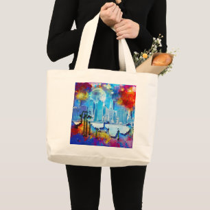 SlipperyJoe NYC graffiti moon surrounded swirling Large Tote Bag