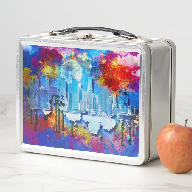 SlipperyJoe NYC graffiti moon surrounded swirling  Metal Lunch Box (In Situ)