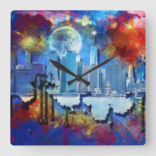 SlipperyJoe NYC graffiti moon surrounded swirling Square Wall Clock