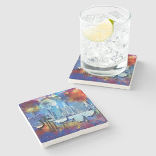 SlipperyJoe NYC graffiti moon surrounded swirling Stone Coaster