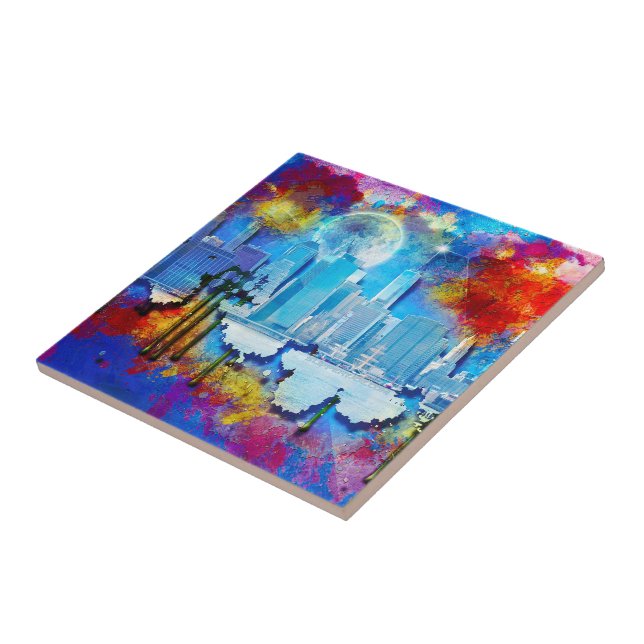 SlipperyJoe NYC graffiti moon surrounded swirling  Tile (Side)
