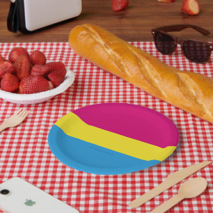 SlipperyJoe pansexual pride flag pink amber and cy Paper Plate