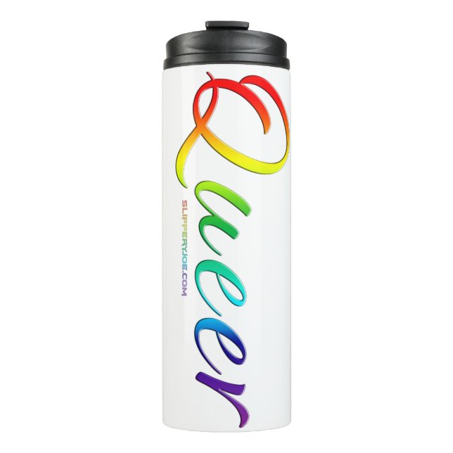 SlipperyJoe queer pride colours bold and celebrato Thermal Tumbler (Front)