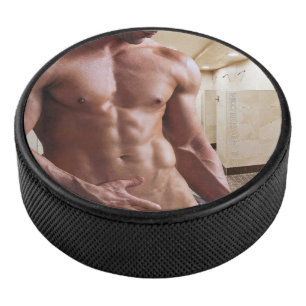 SlipperyJoe shirtless muscular man sixpack abs fit Hockey Puck