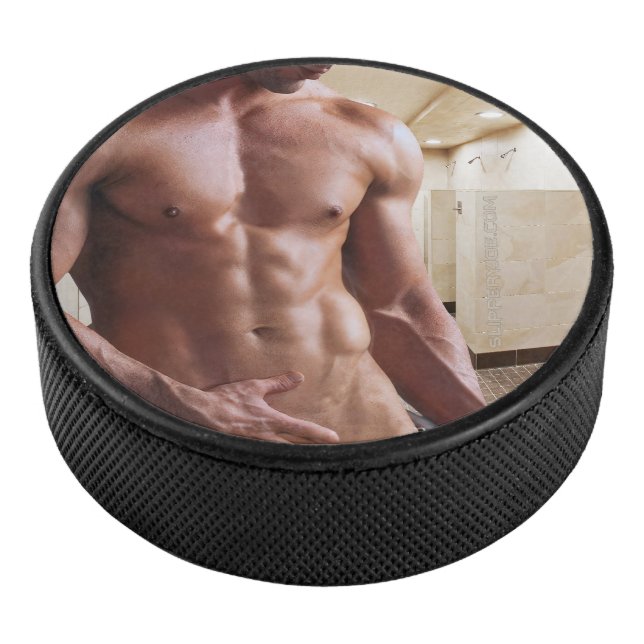 SlipperyJoe shirtless muscular man sixpack abs fit Hockey Puck (3/4)