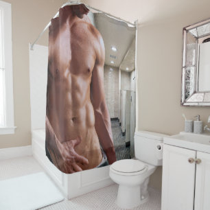 SlipperyJoe shirtless muscular man sixpack abs fit Shower Curtain