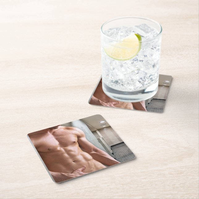 SlipperyJoe shirtless muscular man sixpack abs fit Square Paper Coaster (Insitu)